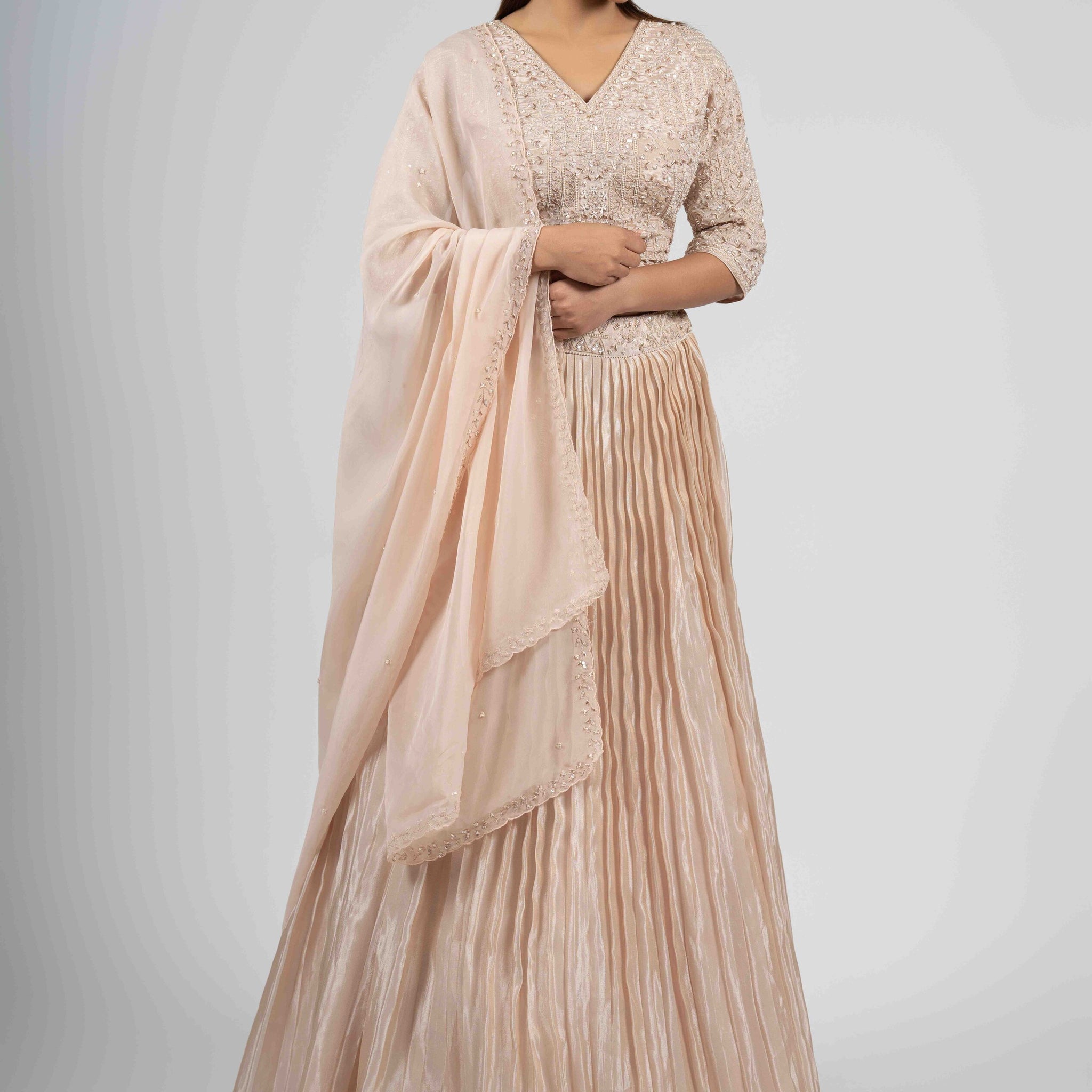 Light Pink Tissue Lehenga with Organza Dupatta, perfect for weddings and festive occasions.