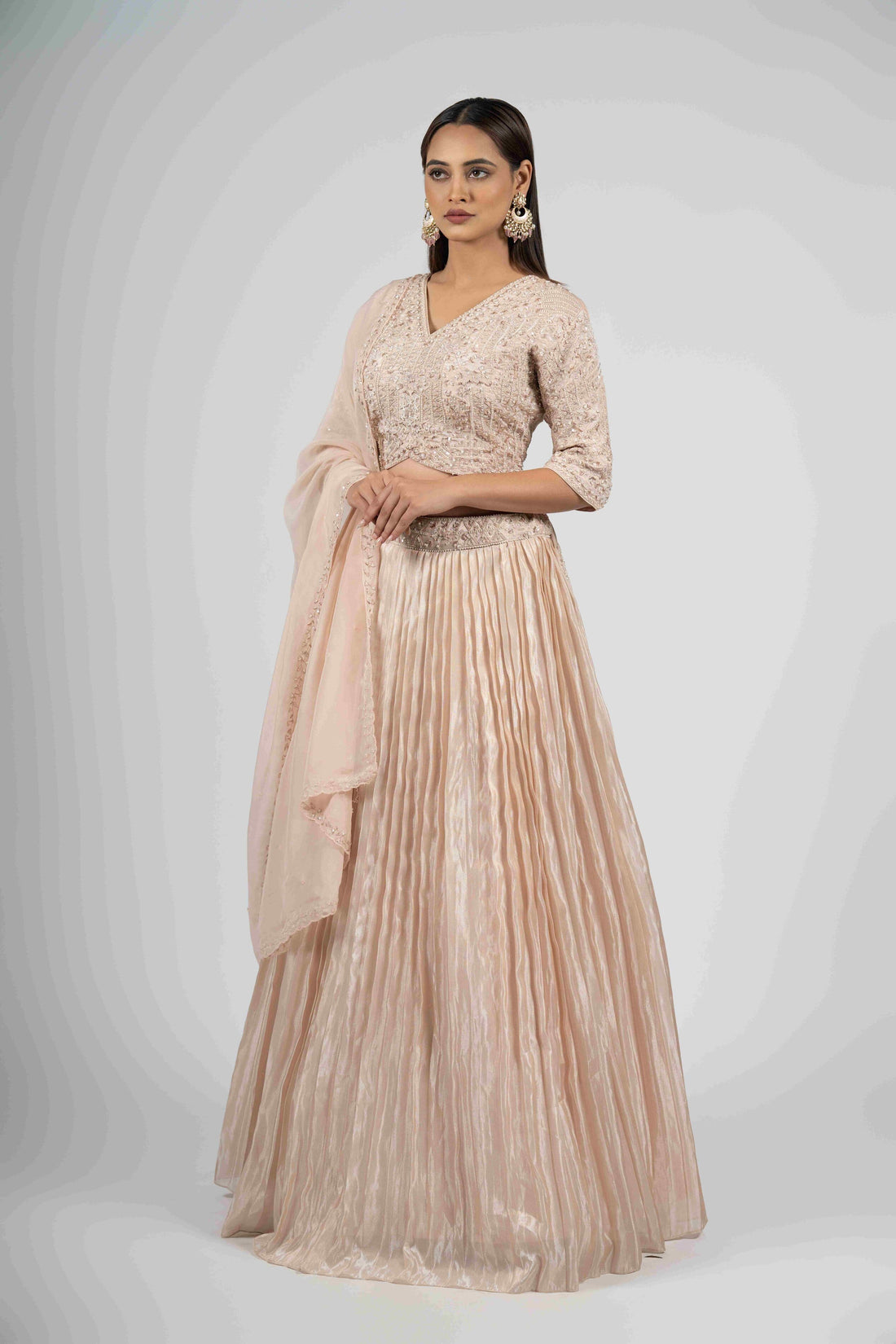 Light Pink Tissue Lehenga with Organza Dupatta, perfect for weddings and festive occasions.