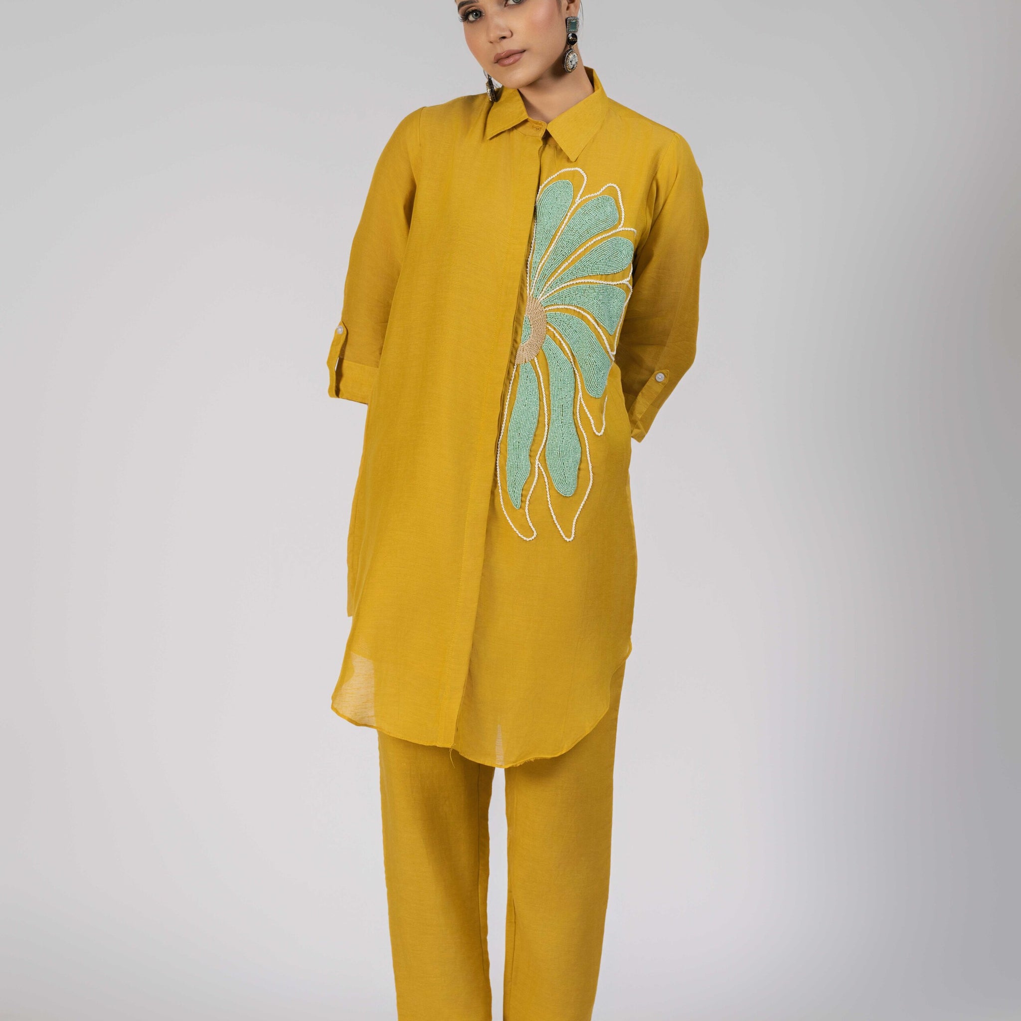 Trendy Mustard Yellow Embroidered Shirt and Pant Set for casual and festive wear.