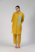 Trendy Mustard Yellow Embroidered Shirt and Pant Set for casual and festive wear.