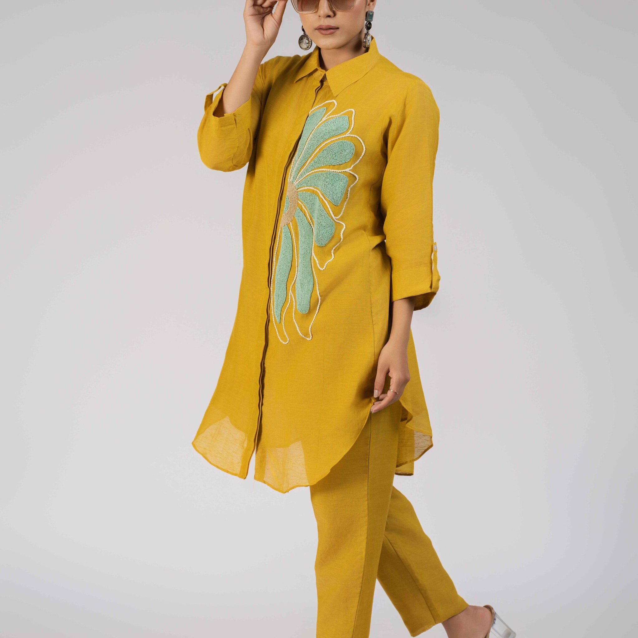 Elegant Mustard Yellow Embroidered Co-ord Set paired with comfortable straight-leg pants