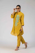 Elegant Mustard Yellow Embroidered Co-ord Set paired with comfortable straight-leg pants