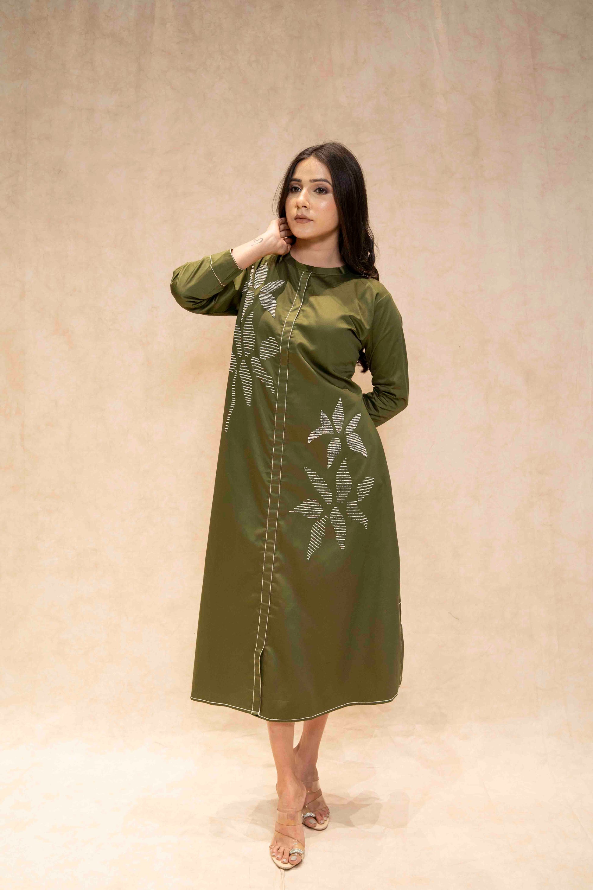 Pickle Green Embroidered Midi Dress with Floral Threadwork Pickle Green Embroidered Midi Dress with Floral Threadwork