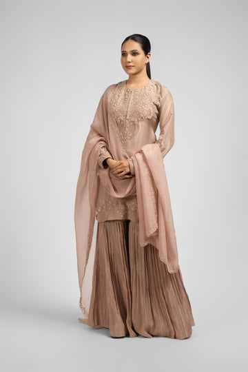 Elegant Pink Sharara Suit adorned with zardozi, pearls, and sequins, paired with an organza dupatta.