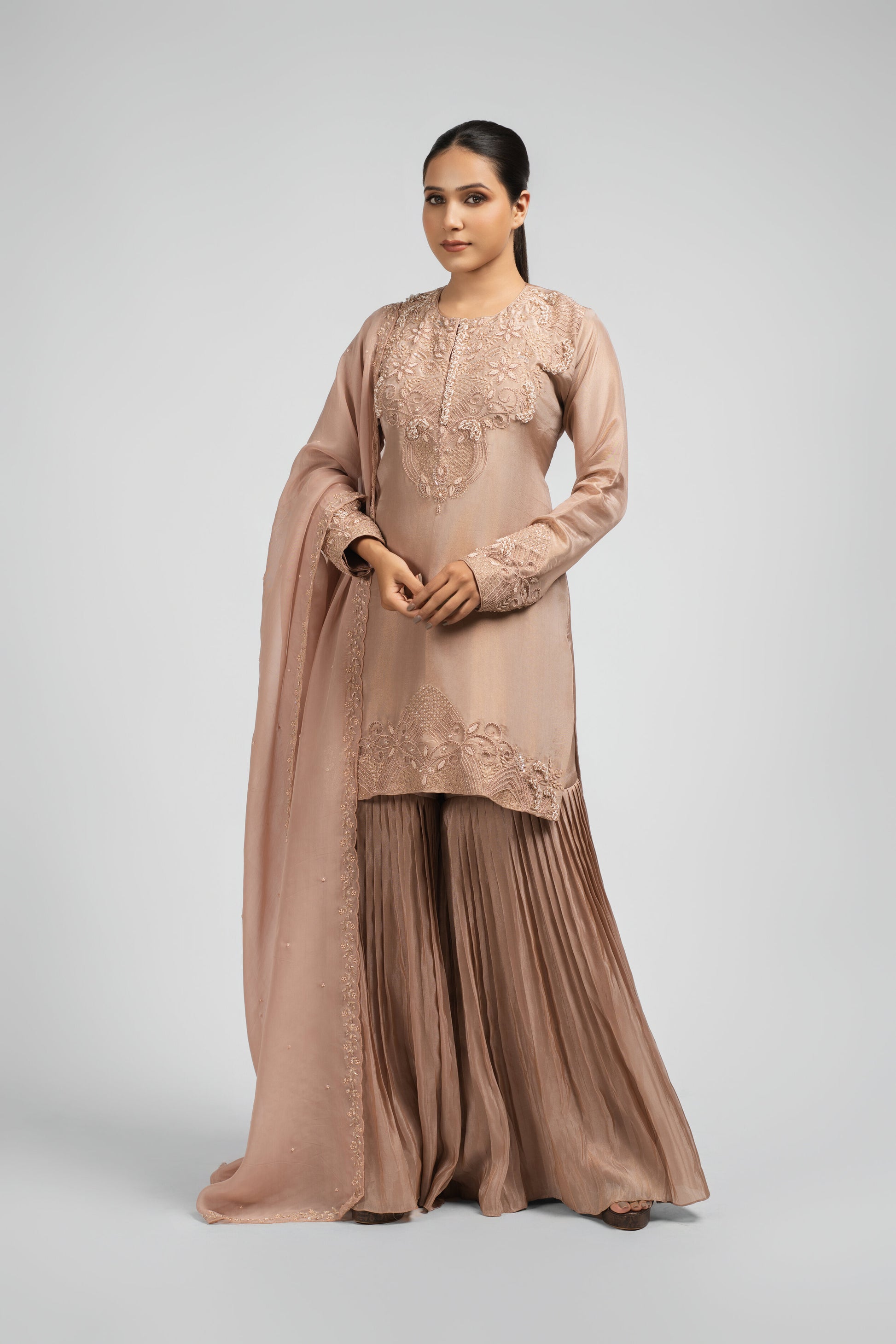 Stunning Pink Sharara Suit in luxe tissue fabric, a perfect blend of tradition and modern elegance.