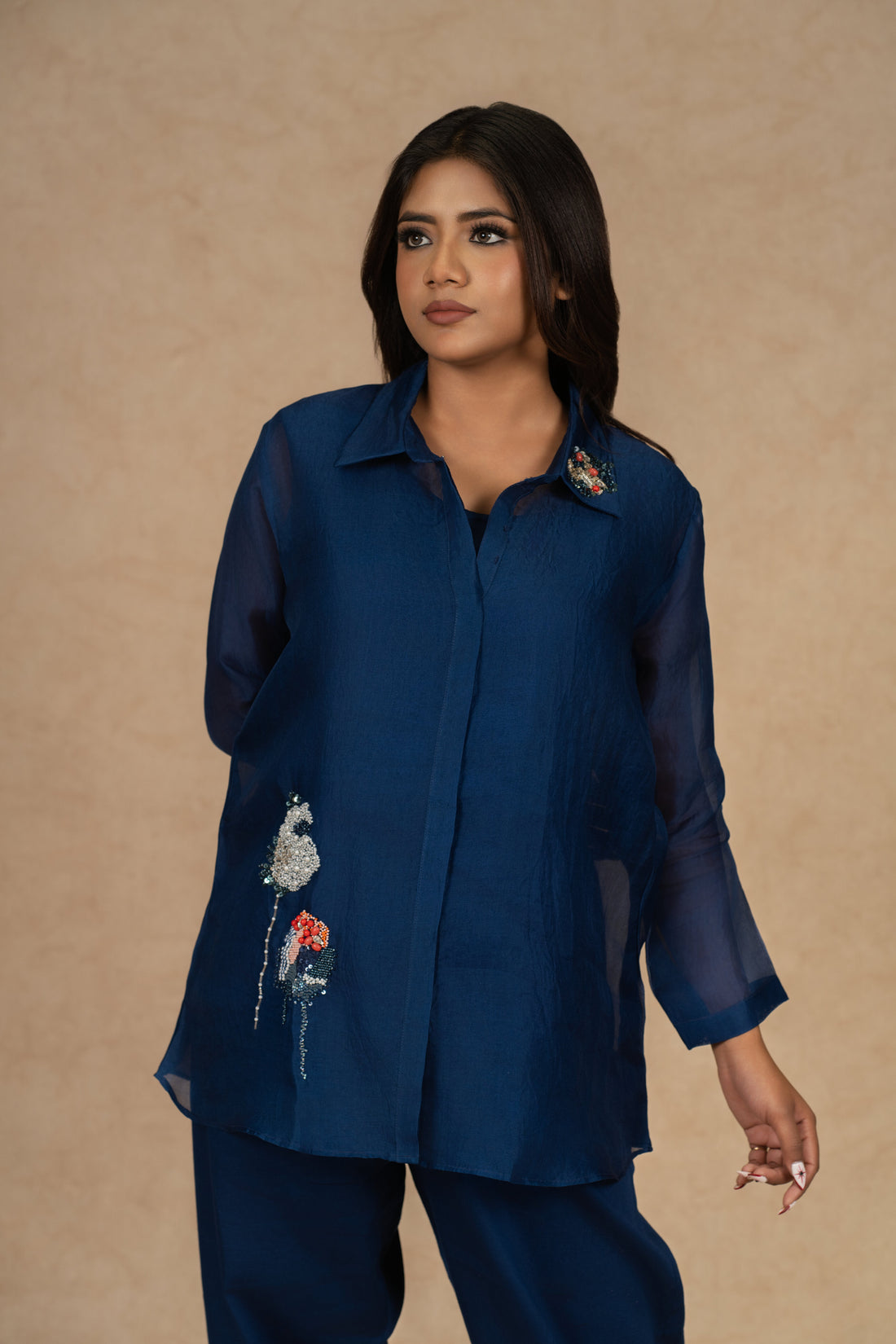 Model striking a confident pose in a Royal Blue Co-ord Set featuring a sheer-sleeved shirt with delicate embroidery and silk pants.
