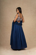 Back view of the royal blue lehenga choli, showcasing an embroidered blouse with delicate detailing.