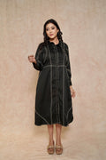 side-view-elegant-black-dress-contrasting-stitch-embellished-sleeves-for-women