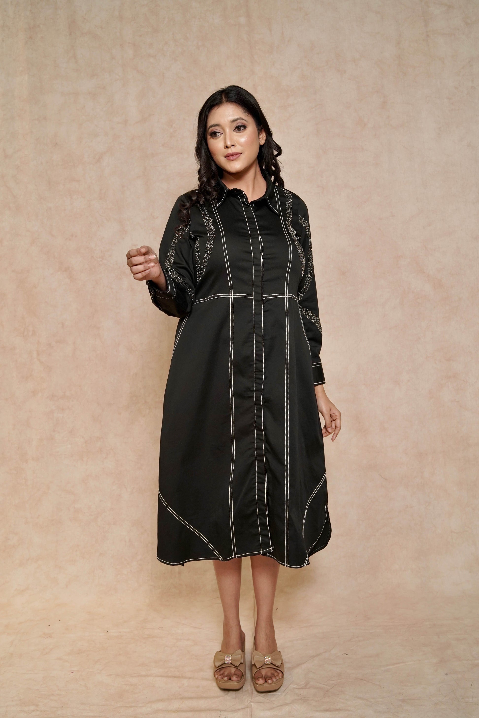 side-view-elegant-black-dress-contrasting-stitch-embellished-sleeves-for-women