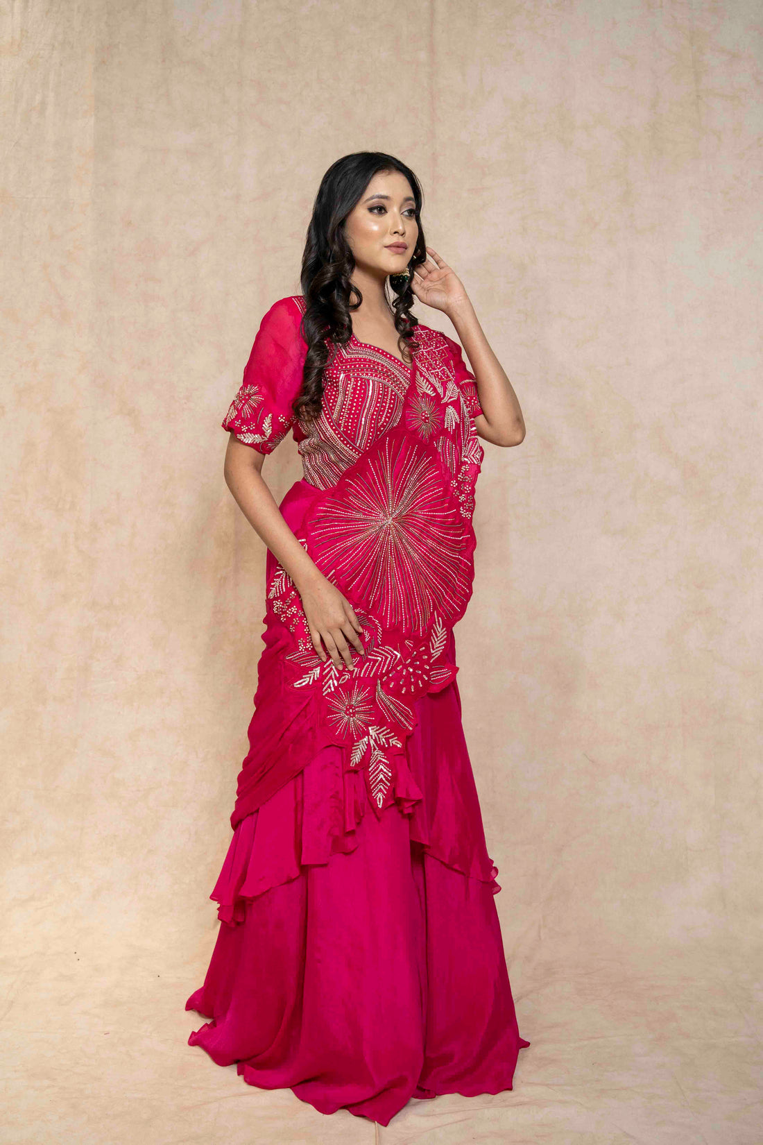 hot-pink-embellished-ruffle-saree-set-for-women
