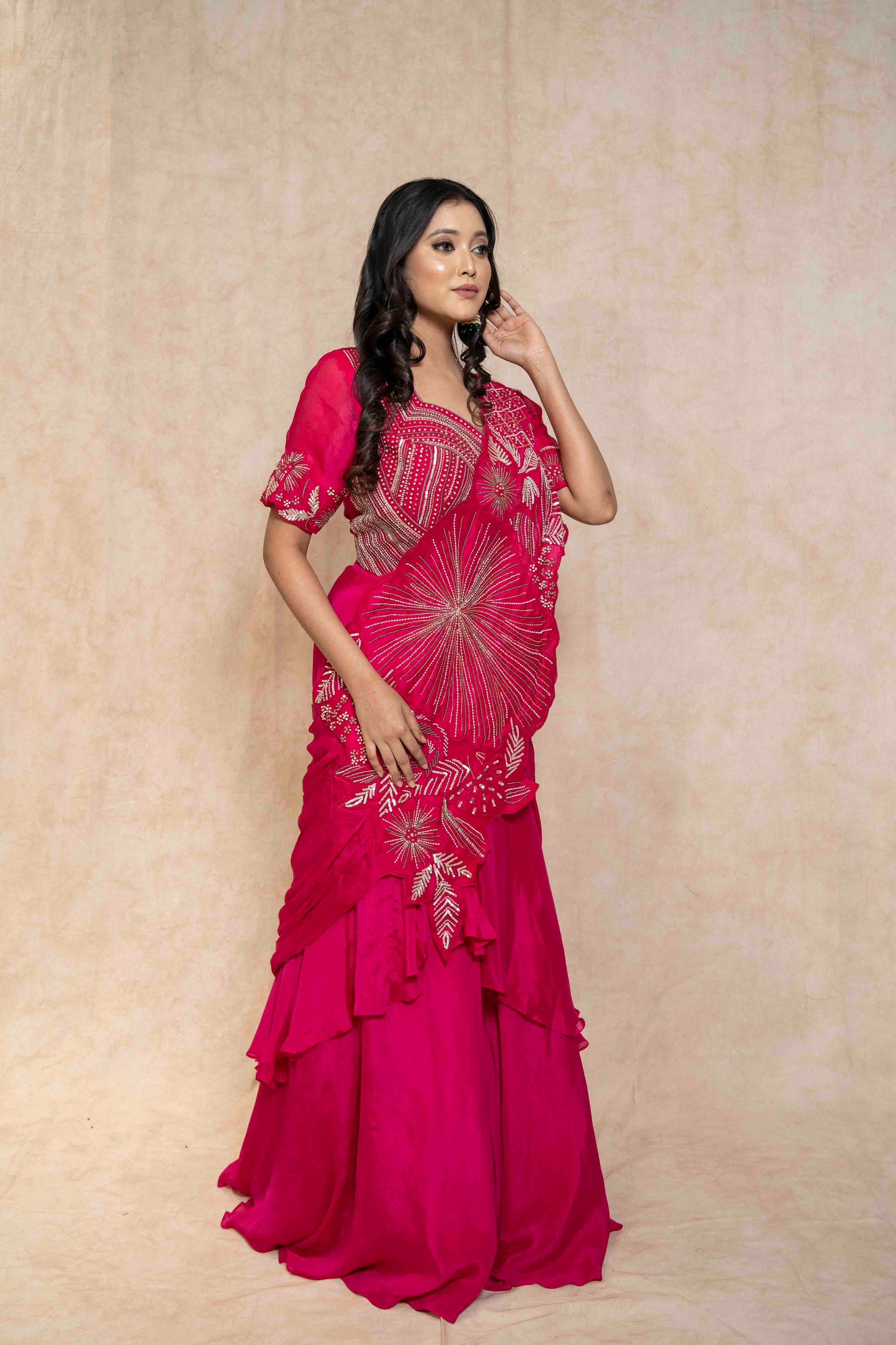 side-view-hot-pink-embellished-ruffle-saree-set-for-women